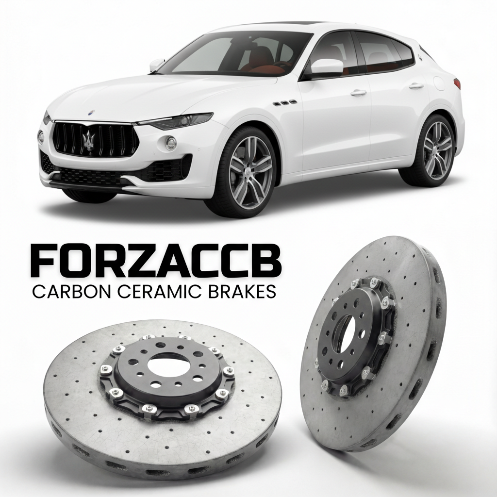 ForzaCCB direct OEM replacement carbon ceramic brake rotors for 2019 to 2024 Maserati Levante models, shown with a white Maserati Levante car.