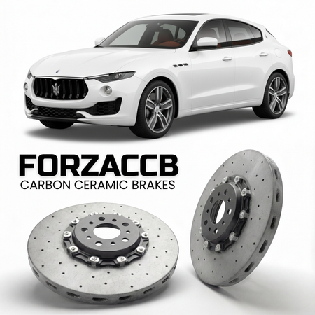 ForzaCCB direct OEM replacement carbon ceramic brake rotors for 2019 to 2024 Maserati Levante models, shown with a white Maserati Levante car.