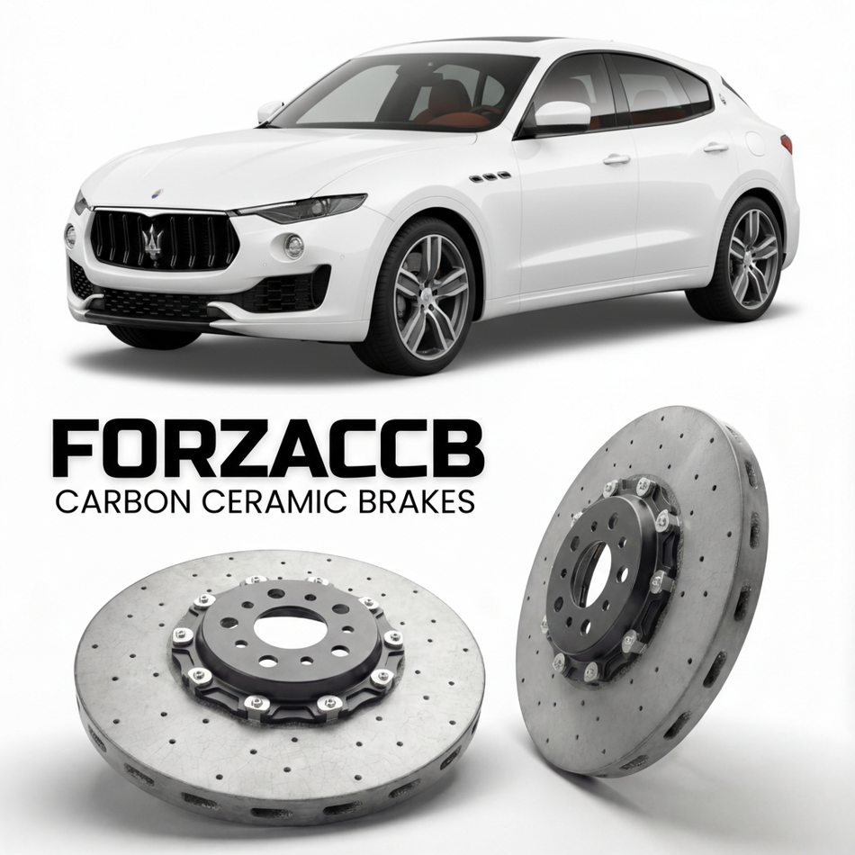 ForzaCCB direct OEM replacement carbon ceramic brake rotors for 2019 to 2024 Maserati Levante models, shown with a white Maserati Levante car.