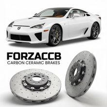 ForzaCCB direct OEM replacement carbon ceramic brake rotors for 2010 to 2012 Lexus LFA LFA10 models, shown with a white Lexus LFA car.