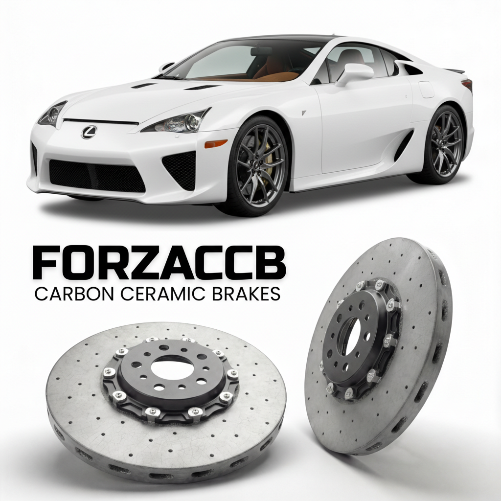 ForzaCCB direct OEM replacement carbon ceramic brake rotors for 2010 to 2012 Lexus LFA LFA10 models, shown with a white Lexus LFA car.