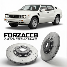 ForzaCCB direct OEM replacement carbon ceramic brake rotors for 1986 to 1993 Lamborghini LM002 models, shown with a white Lamborghini LM002 car.