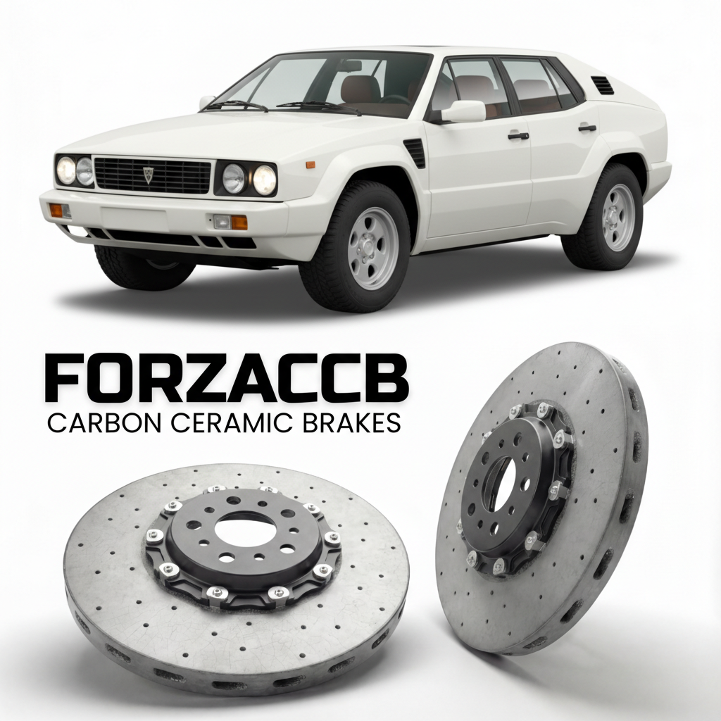 ForzaCCB direct OEM replacement carbon ceramic brake rotors for 1986 to 1993 Lamborghini LM002 models, shown with a white Lamborghini LM002 car.