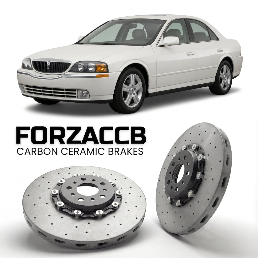 ForzaCCB direct OEM replacement carbon ceramic brake rotors for 2005 to 2006 Lincoln LS models, shown with a white Lincoln LS car.