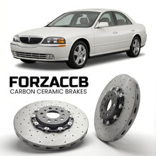 ForzaCCB direct OEM replacement carbon ceramic brake rotors for 2005 to 2006 Lincoln LS models, shown with a white Lincoln LS car.