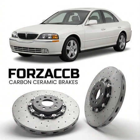 ForzaCCB direct OEM replacement carbon ceramic brake rotors for 2005 to 2006 Lincoln LS models, shown with a white Lincoln LS car.