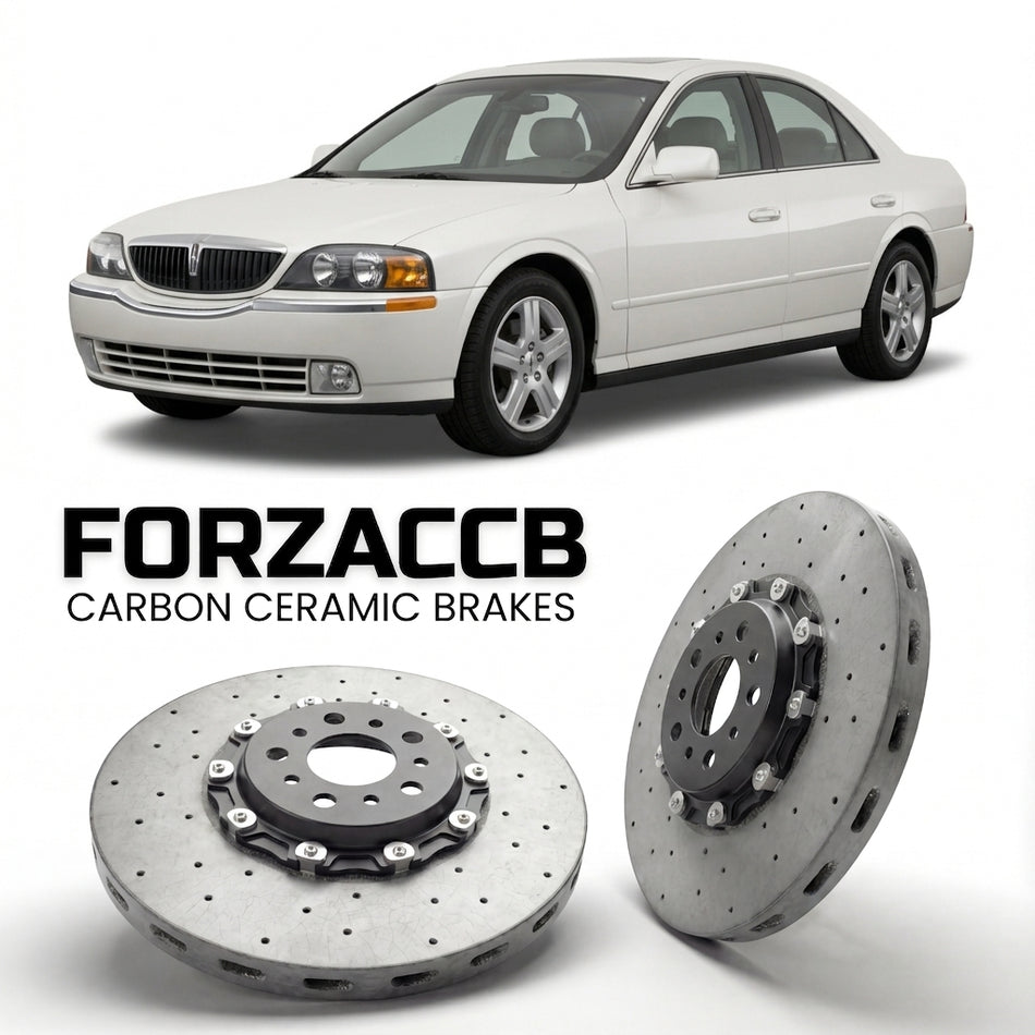 ForzaCCB direct OEM replacement carbon ceramic brake rotors for 2005 to 2006 Lincoln LS models, shown with a white Lincoln LS car.