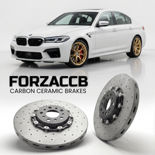ForzaCCB direct OEM replacement carbon ceramic brake rotors for 2022 and newer ChangAn Lumin models, shown with a white ChangAn Lumin car.