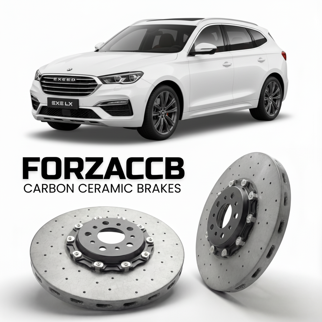 ForzaCCB direct OEM replacement carbon ceramic brake rotors for 2019 to 2022 Exeed LX models, shown with a white Exeed LX car.