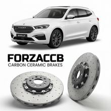 ForzaCCB direct OEM replacement carbon ceramic brake rotors for 2019 to 2022 Exeed LX models, shown with a white Exeed LX car.
