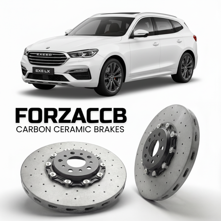 ForzaCCB direct OEM replacement carbon ceramic brake rotors for 2019 to 2022 Exeed LX models, shown with a white Exeed LX car.