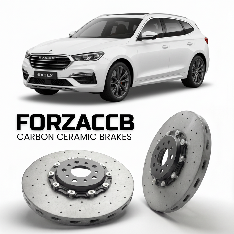 ForzaCCB direct OEM replacement carbon ceramic brake rotors for 2019 to 2022 Exeed LX models, shown with a white Exeed LX car.