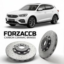 ForzaCCB direct OEM replacement carbon ceramic brake rotors for 2022 to 2023 Exeed LX Zhuifeng, facelift 2022 models, shown with a white Exeed LX car.