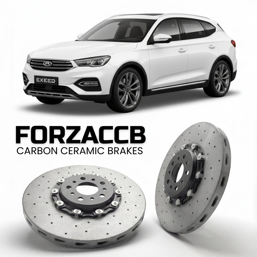 ForzaCCB direct OEM replacement carbon ceramic brake rotors for 2022 to 2023 Exeed LX Zhuifeng, facelift 2022 models, shown with a white Exeed LX car.