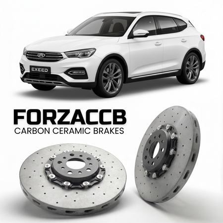 ForzaCCB direct OEM replacement carbon ceramic brake rotors for 2022 to 2023 Exeed LX Zhuifeng, facelift 2022 models, shown with a white Exeed LX car.