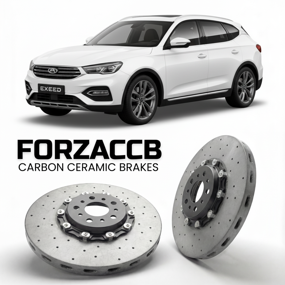 ForzaCCB direct OEM replacement carbon ceramic brake rotors for 2022 to 2023 Exeed LX Zhuifeng, facelift 2022 models, shown with a white Exeed LX car.
