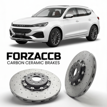 ForzaCCB direct OEM replacement carbon ceramic brake rotors for 2023 and newer Exeed LX Zhuifeng, facelift 2023 models, shown with a white Exeed LX car.