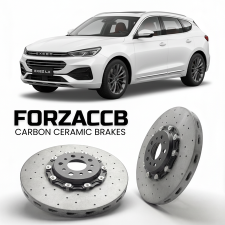 ForzaCCB direct OEM replacement carbon ceramic brake rotors for 2023 and newer Exeed LX Zhuifeng, facelift 2023 models, shown with a white Exeed LX car.