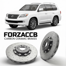 ForzaCCB direct OEM replacement carbon ceramic brake rotors for 2007 to 2021 Lexus LX 570 URJ201 models, shown with a white Lexus LX 570 car.