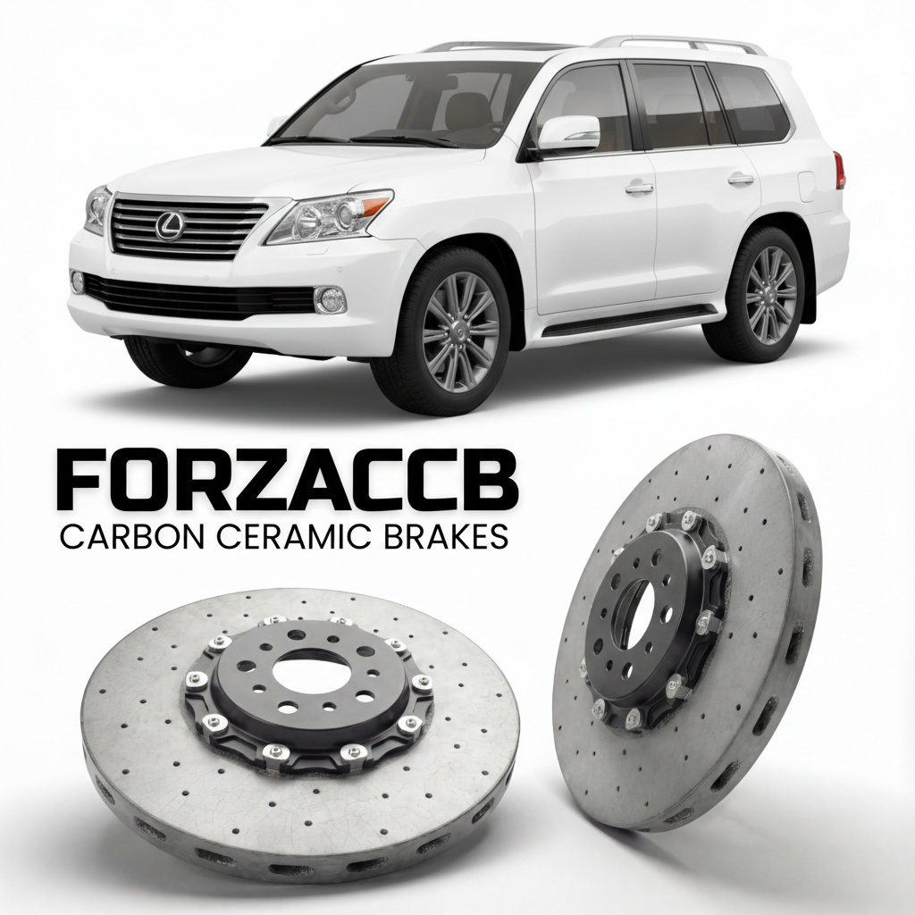 ForzaCCB direct OEM replacement carbon ceramic brake rotors for 2007 to 2021 Lexus LX 570 URJ201 models, shown with a white Lexus LX 570 car.