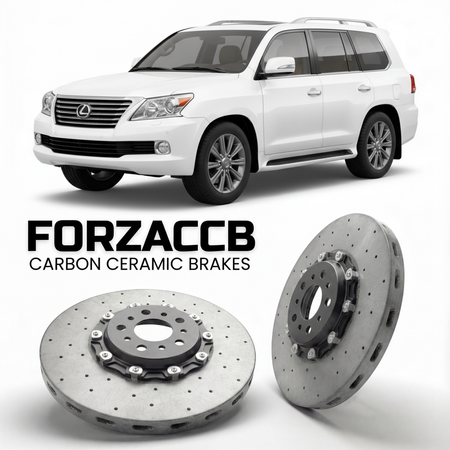 ForzaCCB direct OEM replacement carbon ceramic brake rotors for 2007 to 2021 Lexus LX 570 URJ201 models, shown with a white Lexus LX 570 car.