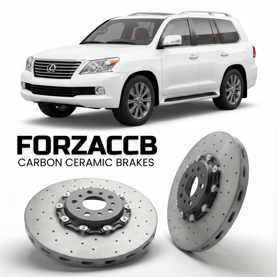 ForzaCCB direct OEM replacement carbon ceramic brake rotors for 2007 to 2021 Lexus LX 570 URJ201 models, shown with a white Lexus LX 570 car.