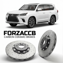 ForzaCCB direct OEM replacement carbon ceramic brake rotors for 2021 and newer Lexus LX 600 VJA310 models, shown with a white Lexus LX 600 car.