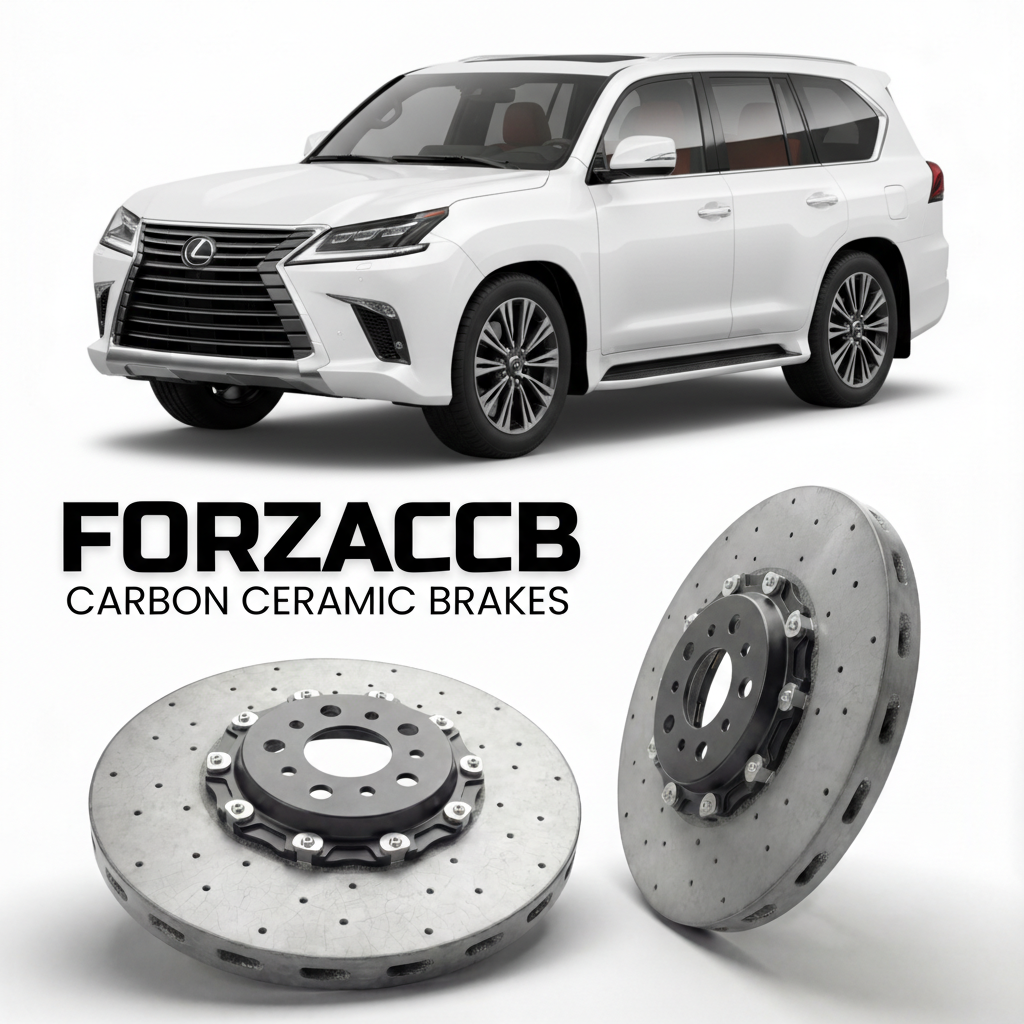 ForzaCCB direct OEM replacement carbon ceramic brake rotors for 2021 and newer Lexus LX 600 VJA310 models, shown with a white Lexus LX 600 car.