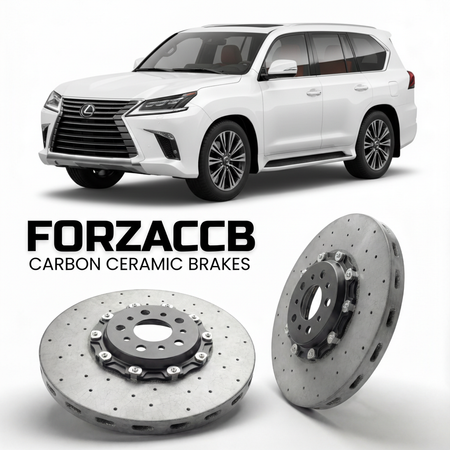 ForzaCCB direct OEM replacement carbon ceramic brake rotors for 2021 and newer Lexus LX 600 VJA310 models, shown with a white Lexus LX 600 car.