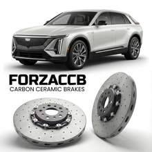 ForzaCCB direct OEM replacement carbon ceramic brake rotors for 2022 and newer Cadillac LYRIQ models, shown with a white Cadillac LYRIQ car.