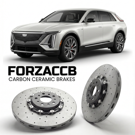 ForzaCCB direct OEM replacement carbon ceramic brake rotors for 2022 and newer Cadillac LYRIQ models, shown with a white Cadillac LYRIQ car.