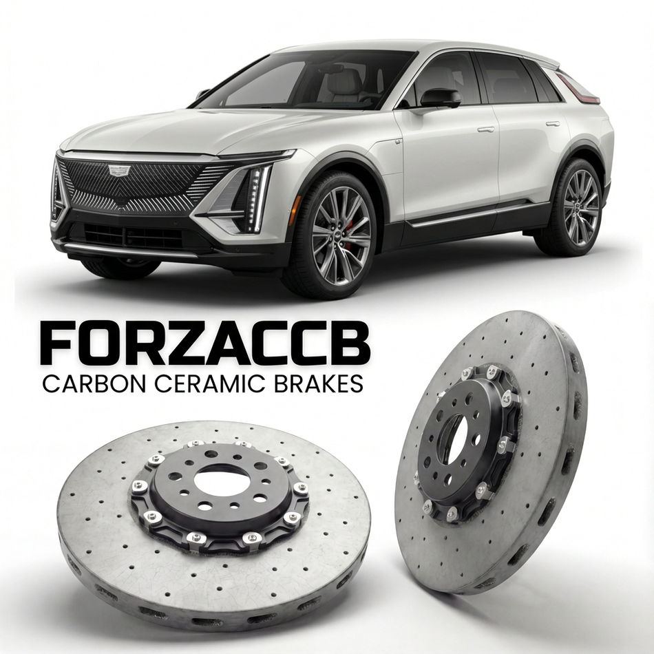 ForzaCCB direct OEM replacement carbon ceramic brake rotors for 2022 and newer Cadillac LYRIQ models, shown with a white Cadillac LYRIQ car.