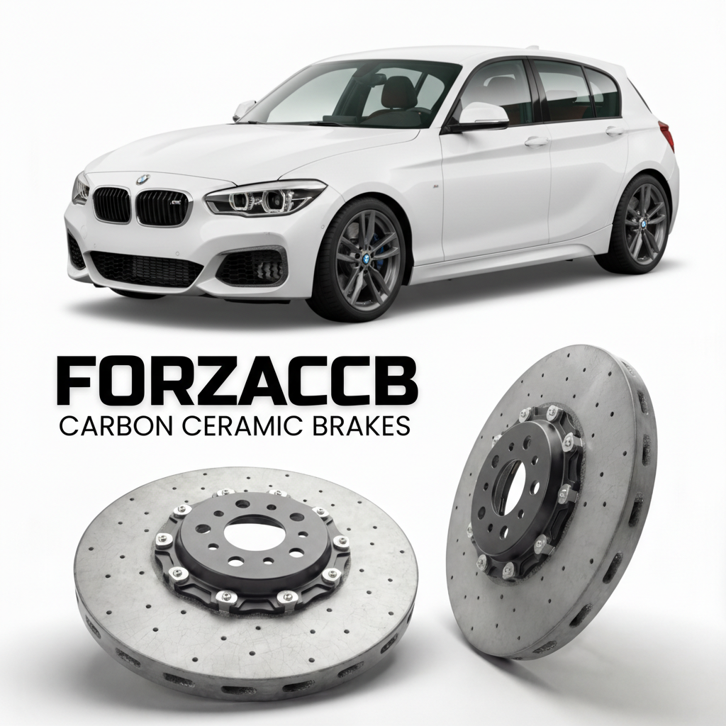 ForzaCCB direct OEM replacement carbon ceramic brake rotors for 2012 to 2016 BMW M135i F20 models, shown with a white BMW M135i car.