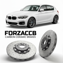 ForzaCCB direct OEM replacement carbon ceramic brake rotors for 2012 to 2016 BMW M135i F20 models, shown with a white BMW M135i car.