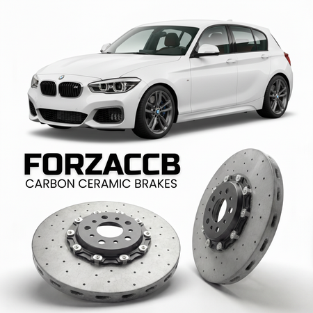 ForzaCCB direct OEM replacement carbon ceramic brake rotors for 2012 to 2016 BMW M135i F20 models, shown with a white BMW M135i car.