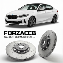 ForzaCCB direct OEM replacement carbon ceramic brake rotors for 2019 to 2024 BMW M135i F40 models, shown with a white BMW M135i car.