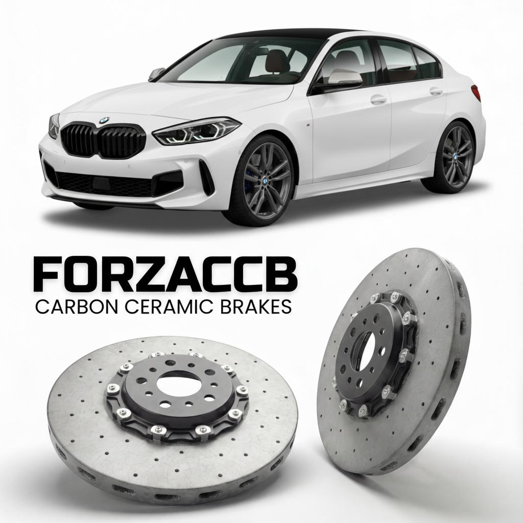 ForzaCCB direct OEM replacement carbon ceramic brake rotors for 2019 to 2024 BMW M135i F40 models, shown with a white BMW M135i car.