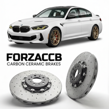 ForzaCCB direct OEM replacement carbon ceramic brake rotors for 2024- BMW M135i F70 models, shown with a white BMW M135i car.