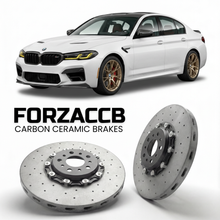 ForzaCCB direct OEM replacement carbon ceramic brake rotors for 2023 to 2024 BMW M135i xDrive Competition F40 models, shown with a white BMW M135i xDrive Competition car.