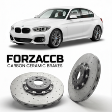 ForzaCCB direct OEM replacement carbon ceramic brake rotors for 2016 to 2019 BMW M140i F20 models, shown with a white BMW M140i car.