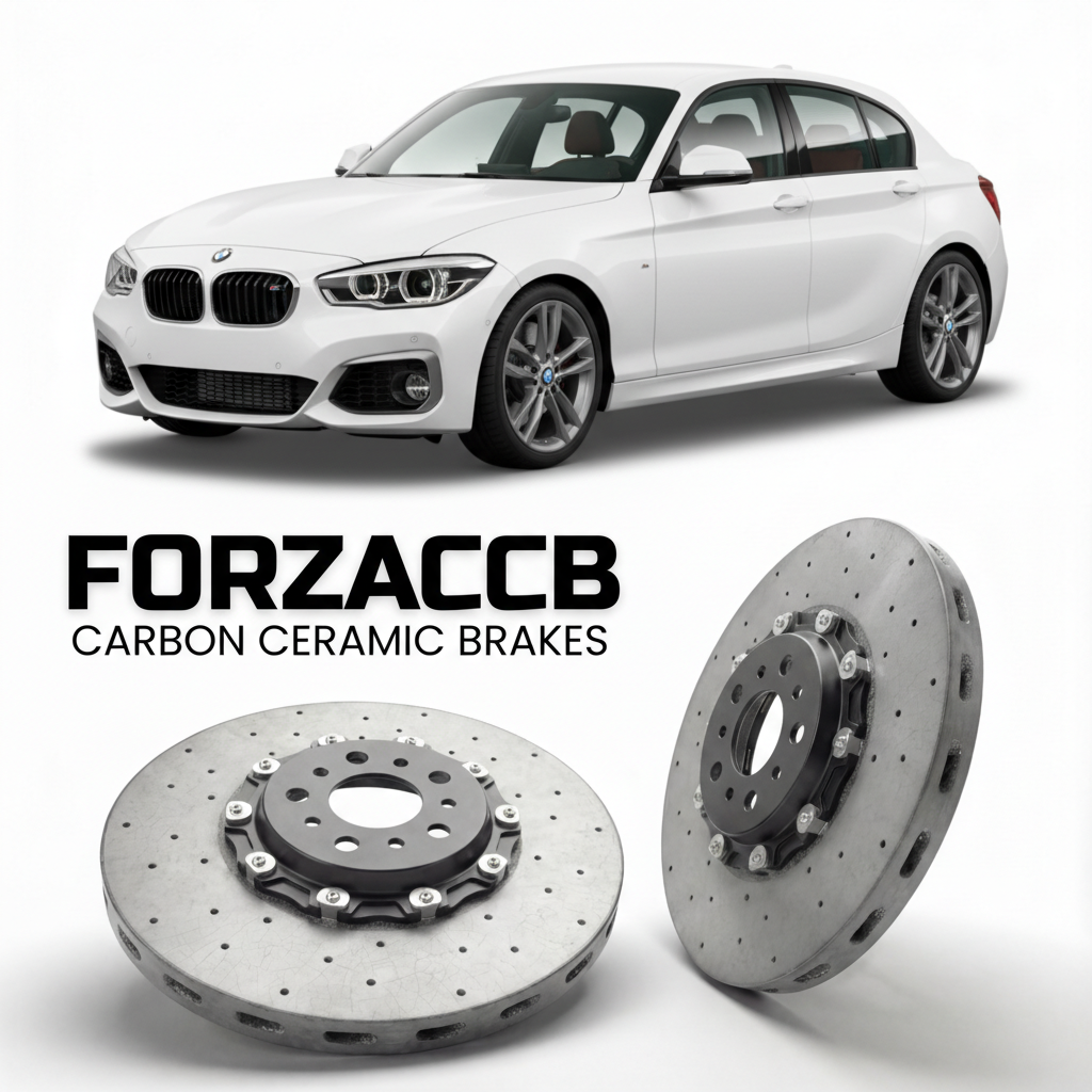 ForzaCCB direct OEM replacement carbon ceramic brake rotors for 2016 to 2019 BMW M140i F20 models, shown with a white BMW M140i car.