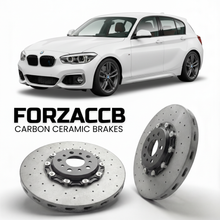 ForzaCCB direct OEM replacement carbon ceramic brake rotors for 2017 to 2019 BMW M140i Competition F20 models, shown with a white BMW M140i Competition car.