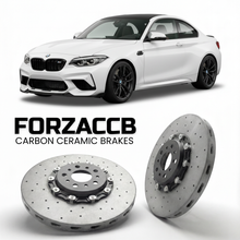 ForzaCCB direct OEM replacement carbon ceramic brake rotors for 2018 to 2021 BMW M2 Competition F87 models, shown with a white BMW M2 Competition car.