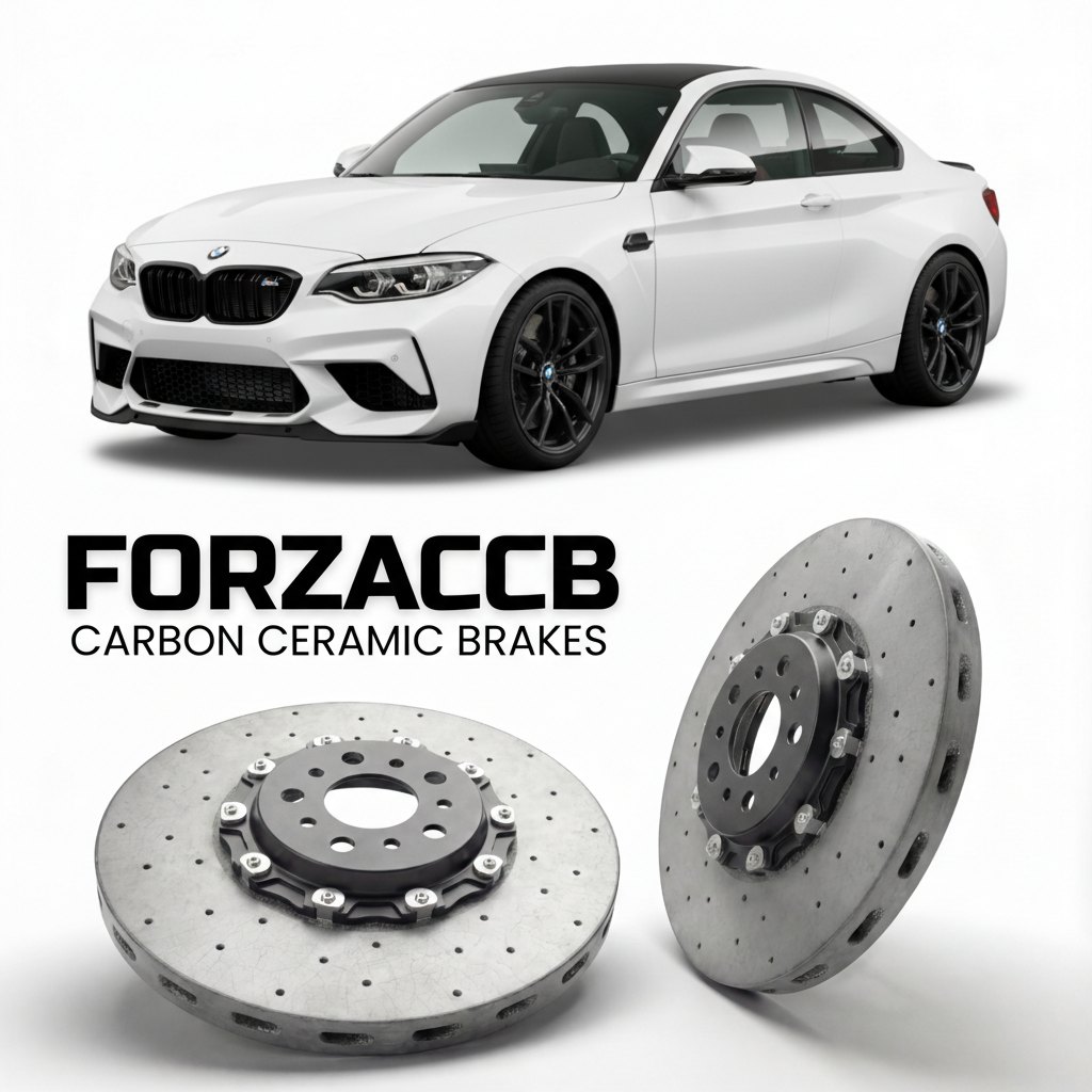 ForzaCCB direct OEM replacement carbon ceramic brake rotors for 2018 to 2021 BMW M2 Competition F87 models, shown with a white BMW M2 Competition car.