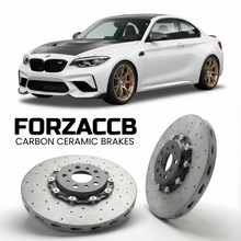 ForzaCCB direct OEM replacement carbon ceramic brake rotors for 2019 to 2020 BMW M2 CS F87 models, shown with a white BMW M2 CS car.