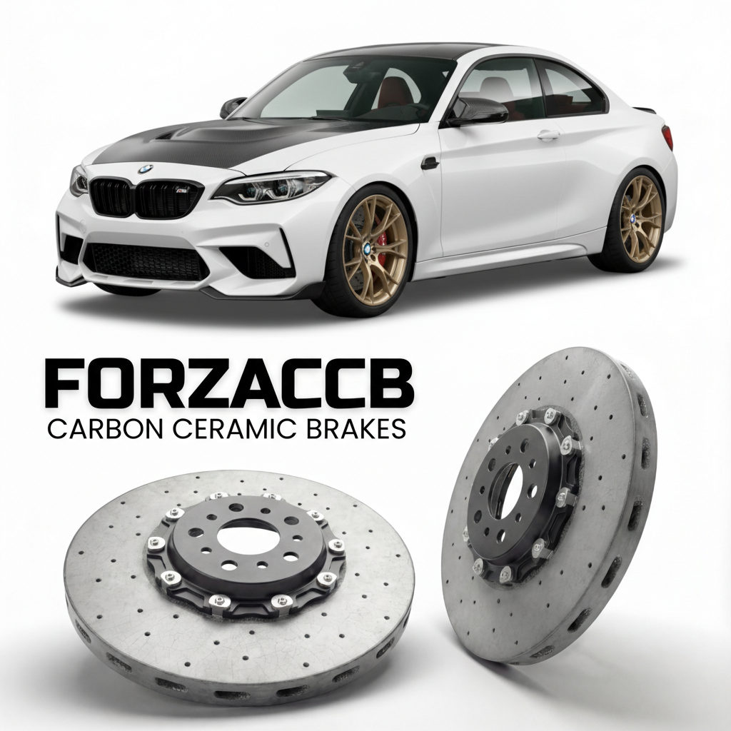 ForzaCCB direct OEM replacement carbon ceramic brake rotors for 2019 to 2020 BMW M2 CS F87 models, shown with a white BMW M2 CS car.