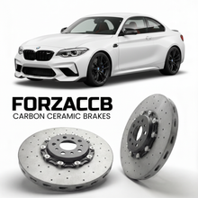 ForzaCCB direct OEM replacement carbon ceramic brake rotors for 2025- BMW M2 CS G87 models, shown with a white BMW M2 CS car.