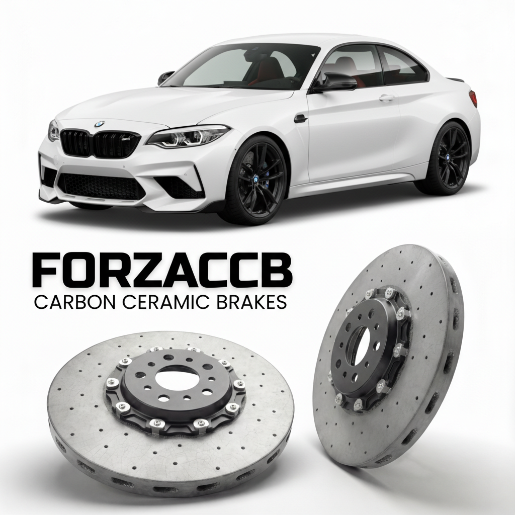 ForzaCCB direct OEM replacement carbon ceramic brake rotors for 2025- BMW M2 CS G87 models, shown with a white BMW M2 CS car.