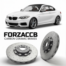 ForzaCCB direct OEM replacement carbon ceramic brake rotors for 2014 to 2016 BMW M235i F22 models, shown with a white BMW M235i car.