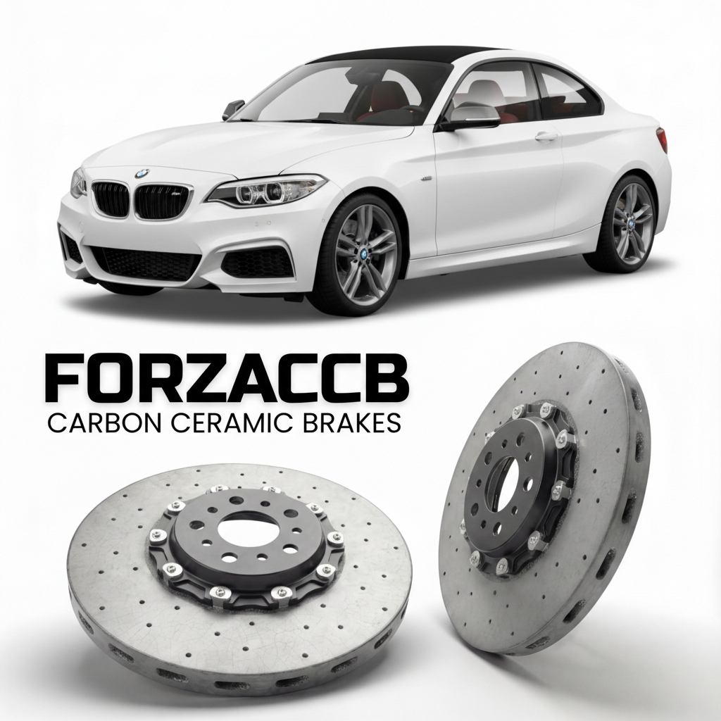 ForzaCCB direct OEM replacement carbon ceramic brake rotors for 2014 to 2016 BMW M235i F22 models, shown with a white BMW M235i car.